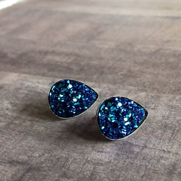 Blueberry Faux Druzy Teardrop Stainless Earrings - Picture 5 of 14
